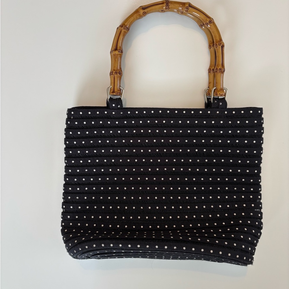 Black Polka Dot Tote Bag with Bamboo Handles